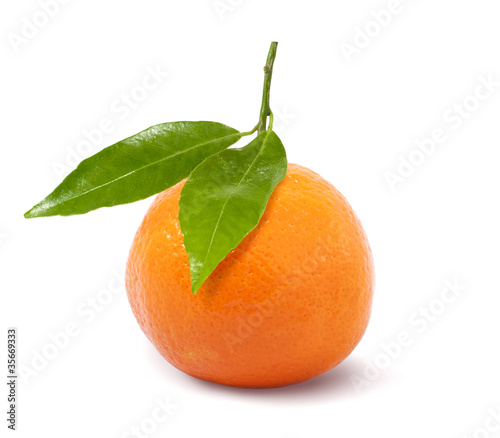 ripe mandarin orange with two green leaves