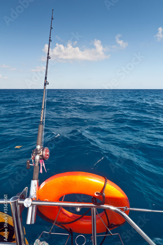 Fishing rod on the boat at Caribbean Sea