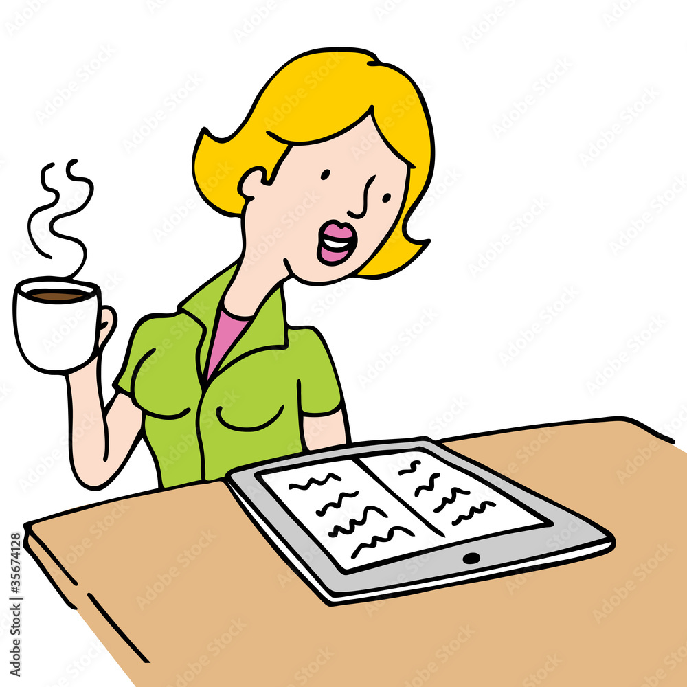 Woman Reading An Ebook and Drinking Coffee Woman Reading An Ebook and Drinking Coffee