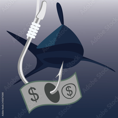 bank note on fishing hook with shark on background