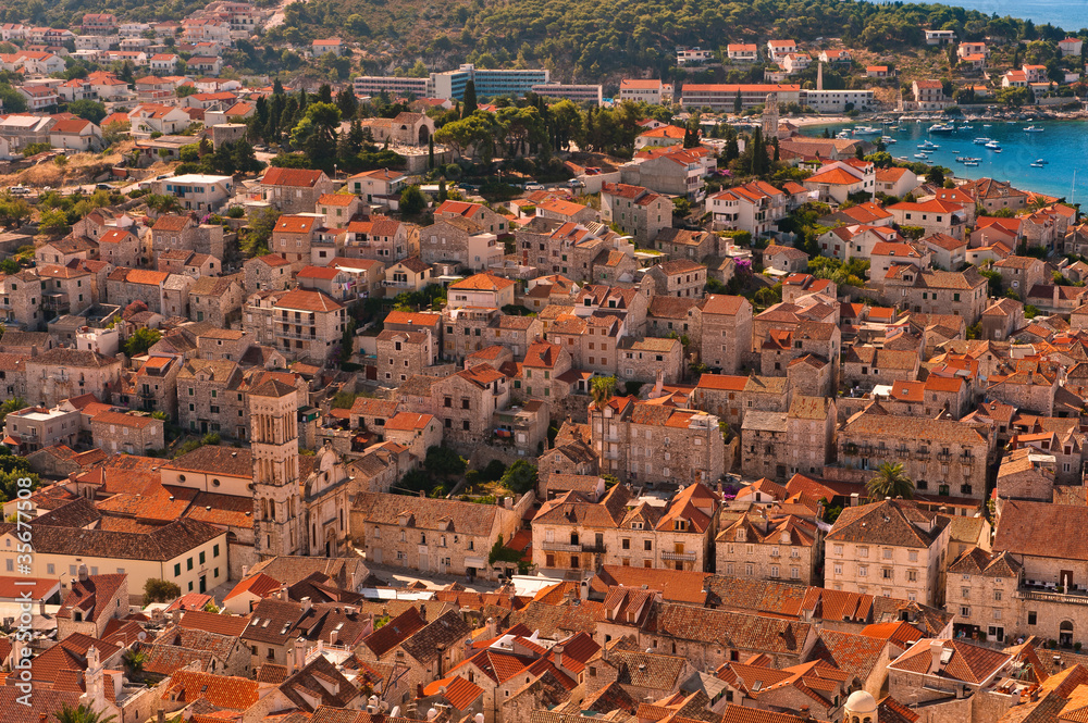 Old Adriatic island town Hvar. High angle view. Croatia