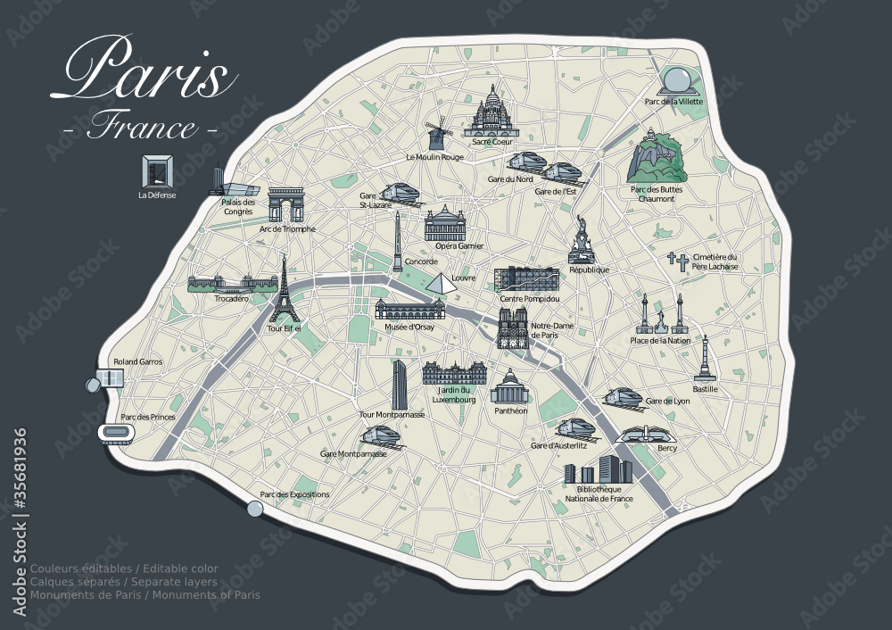 Plan de Paris - Version Luxe avec Monuments (4) Stock Vector | Adobe Stock