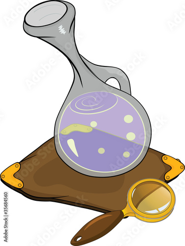 Magic flask and magnifying glass. Cartoon