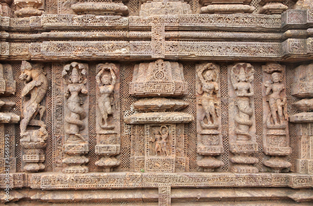 carved beautiful sculptures at Sun Temple, Konark