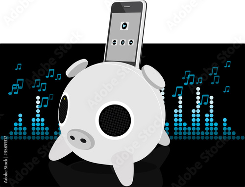 iPig, Caixa de som tocando smatphone, subwoofer, iphone, dj, caixa de som, tecnologia, wireless, bluetooth, som, vector, vetor, illustration ipig, vetor ipig