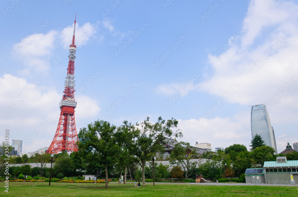 Tokyo Tower and Shiba Park in Tokyo, Japan