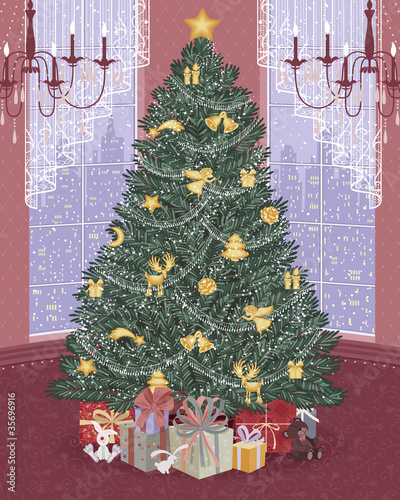 Decorated christmas tree in the living room