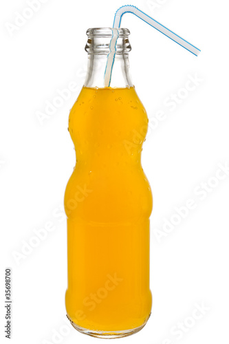 Bottle of soda with straw isolated on white background