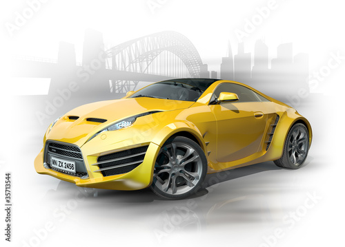 Yellow sports car against an urban background