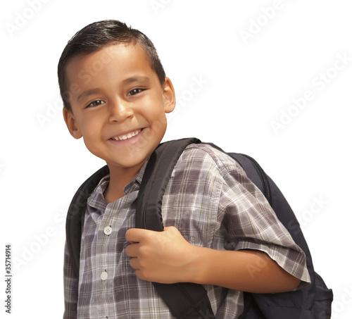 Happy Young Hispanic Boy Ready for School on White