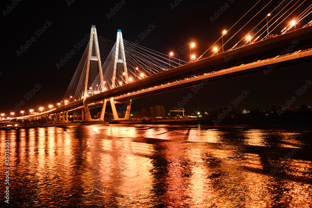 Big cable-stayed bridge at night, St.Petersburg