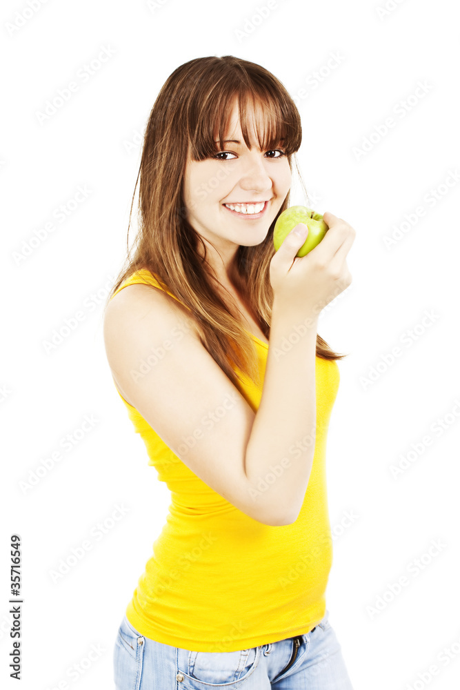 Happy smiling woman hold green fresh apple in hand Happy smiling woman hold green fresh apple in hand