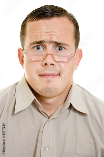 Funny man in glasses on white background.