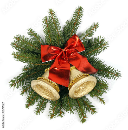 Two golden bells with the red big bow