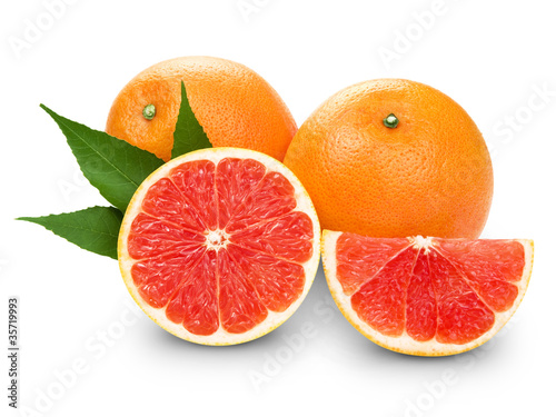 Grapefruit with slice detail on white background   Clipping Path