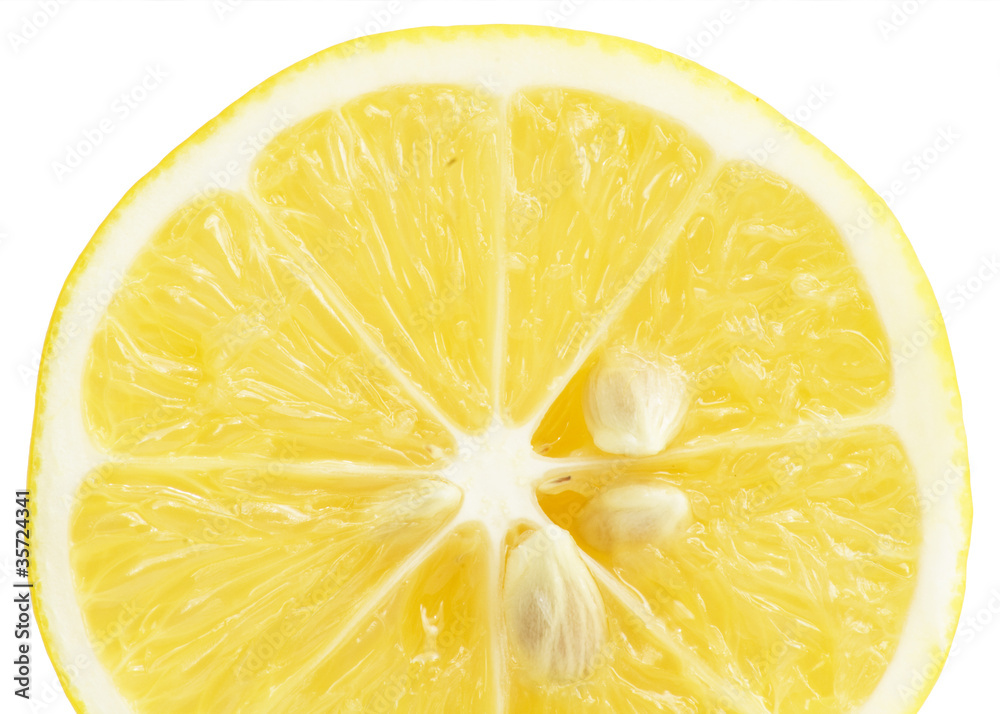 Single cross section of lemon. Isolated on white background. Clo Single cross section of lemon. Isolated on white background. Clo