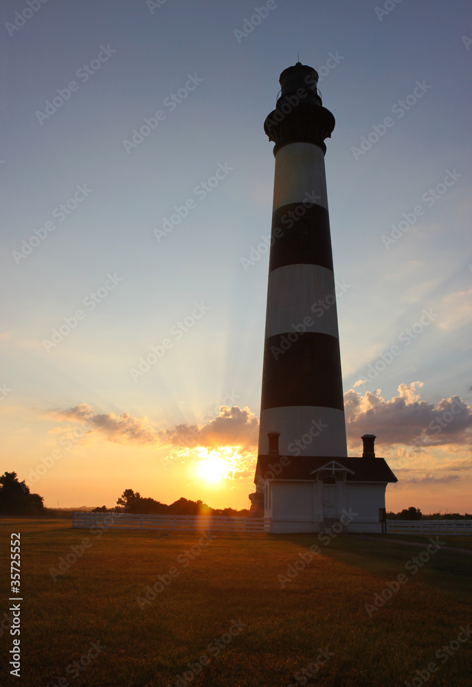 Bodie Island lighthouse silhouetted at sunrise vertical