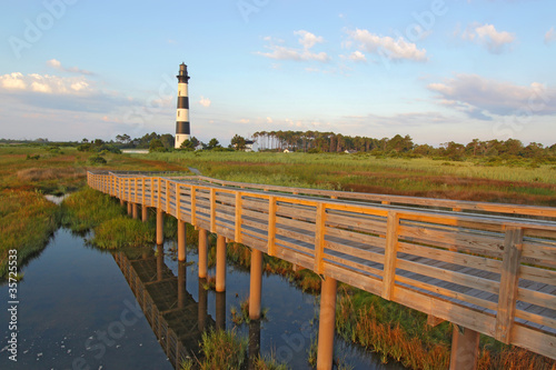 Walkway over a marsh to the Bodie Island lighthouse