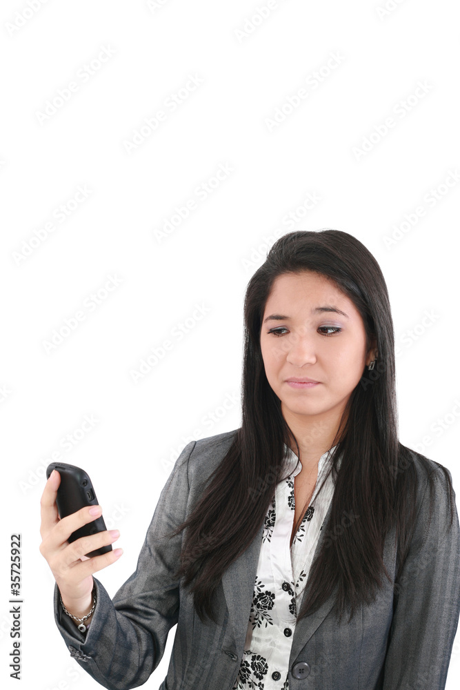 portrait of angry female looking at cellphone, isolated on white portrait of angry female looking at cellphone, isolated on white