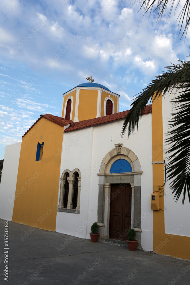 Typical Greek Orthodox church with blue domes on Kos.