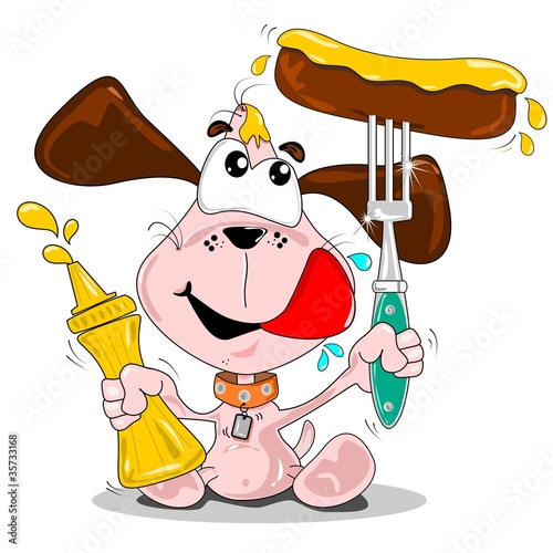 A cartoon dog with sausage & bottle of mustard