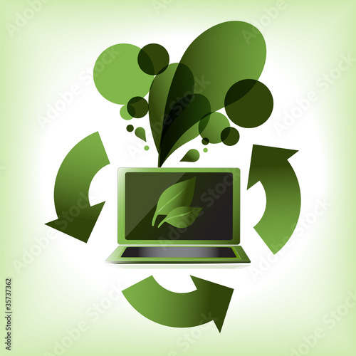 Eco green computer with arrows and leaves