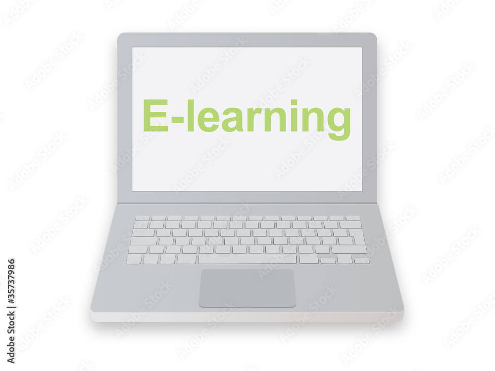 Laptop Computer with E-learning message on white background Laptop Computer with E-learning message on white background