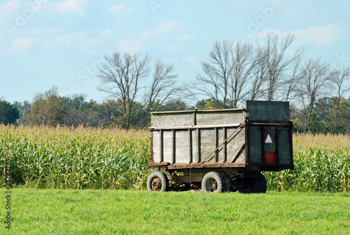 Farm trailer by a corn field
