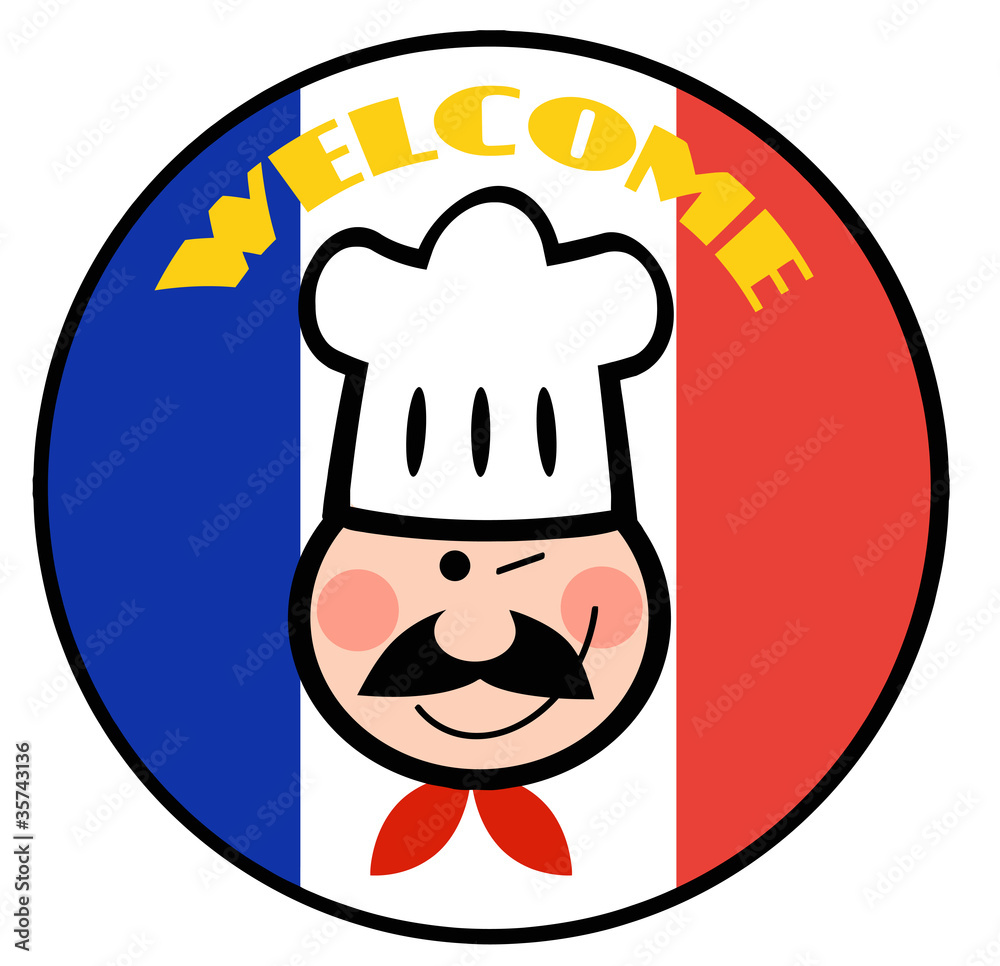 Winking Chef Face On A Welcome French Flag Circle
