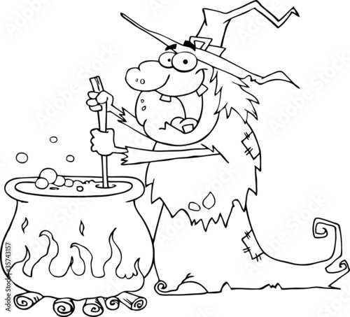 Outlined Ugly Halloween Witch Preparing A Potion