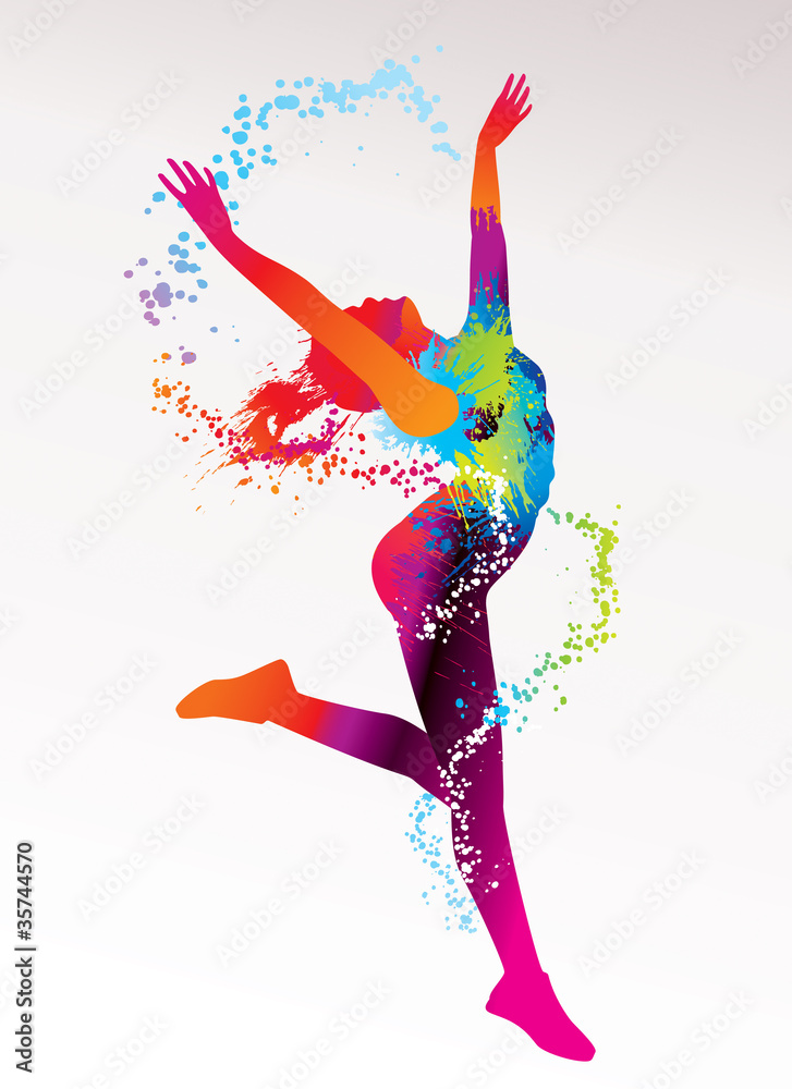 Obraz premium Tańcząca dziewczyna z kolorowymi plamami i odpryskami na lekkim bac