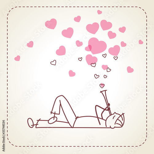 Valentine card with pink hearts and boy who playing a pipe