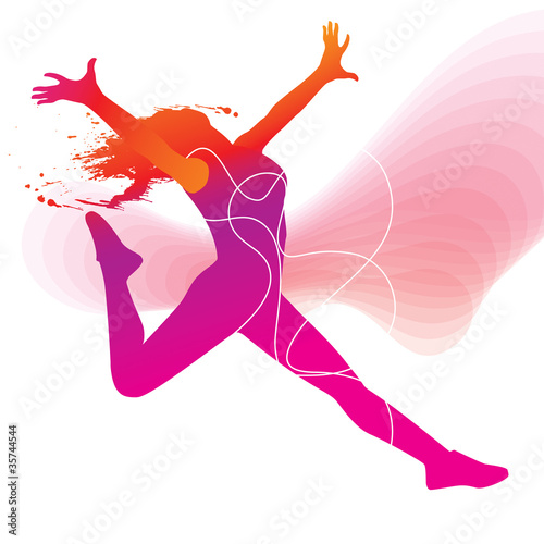 The dancer. Colorful silhouette with lines and sprays on abstrac