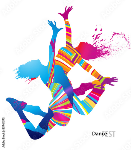 Two dancing girls with colorful spots and splashes on white #35744573