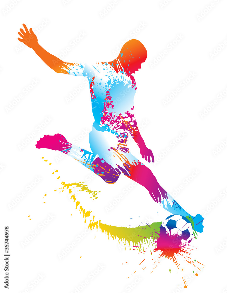 Soccer player kicks the ball. Vector illustration. - obrazy, fototapety, plakaty 