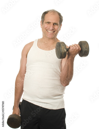 middle age senior man working out with dumbbell weights