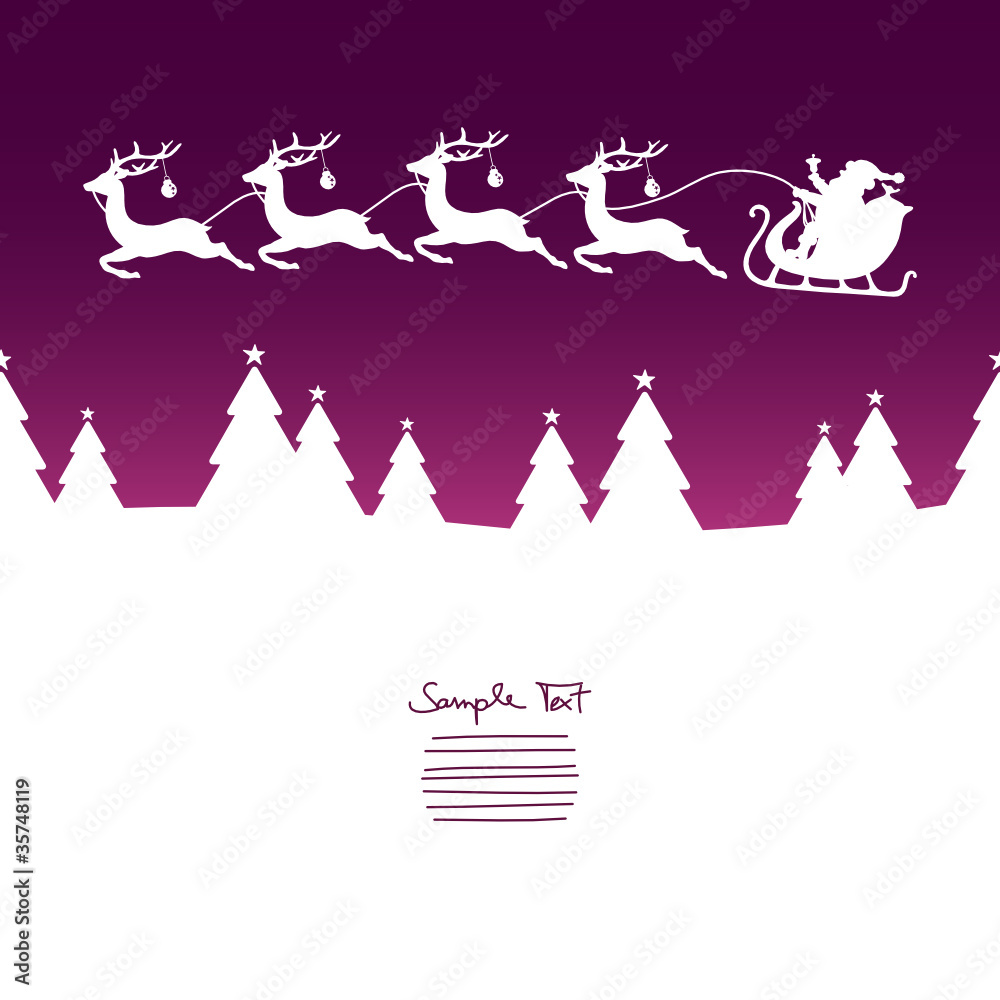 Christmas Sleigh Flying Over Forest Purple