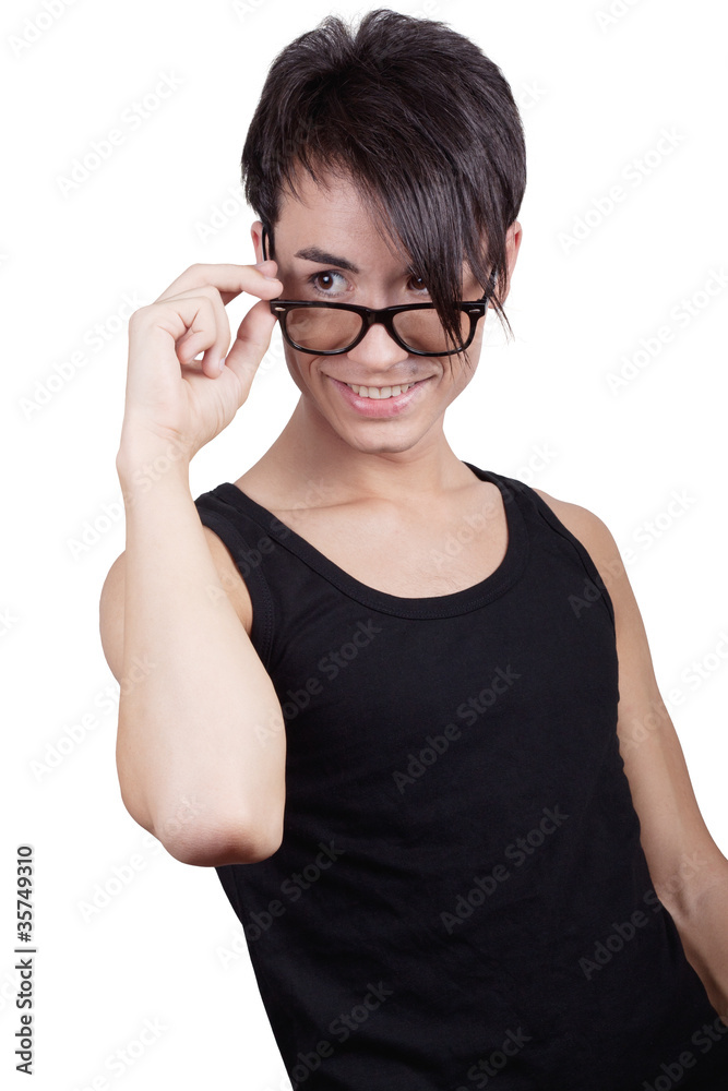 Boy look through glasses. Boy look through glasses.