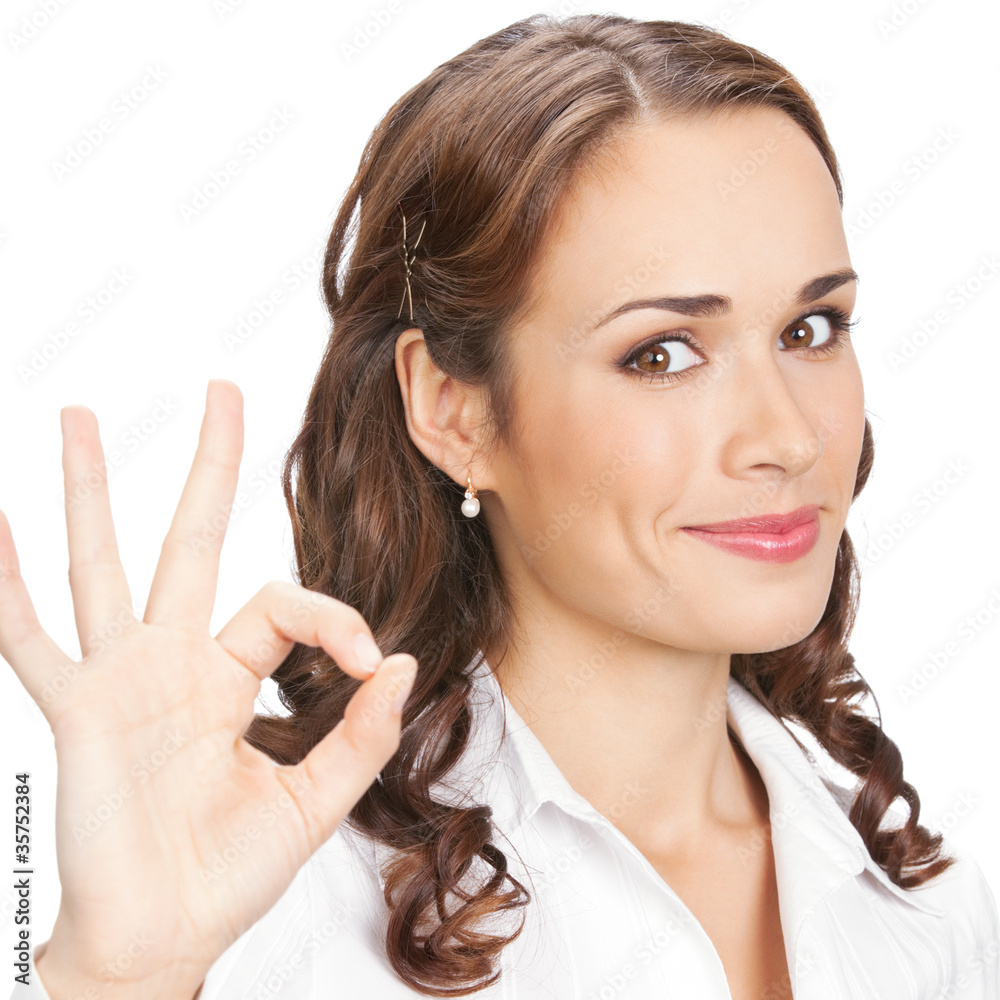 Business woman with okay gesture, on white Business woman with okay gesture, on white