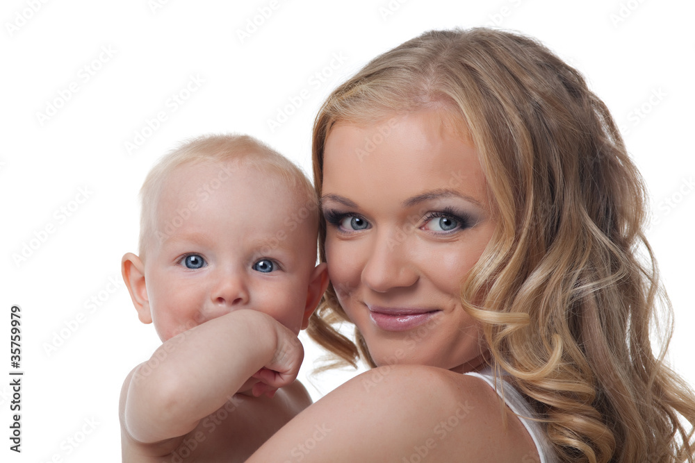 Beauty blond mother with baby look on camera Beauty blond mother with baby look on camera