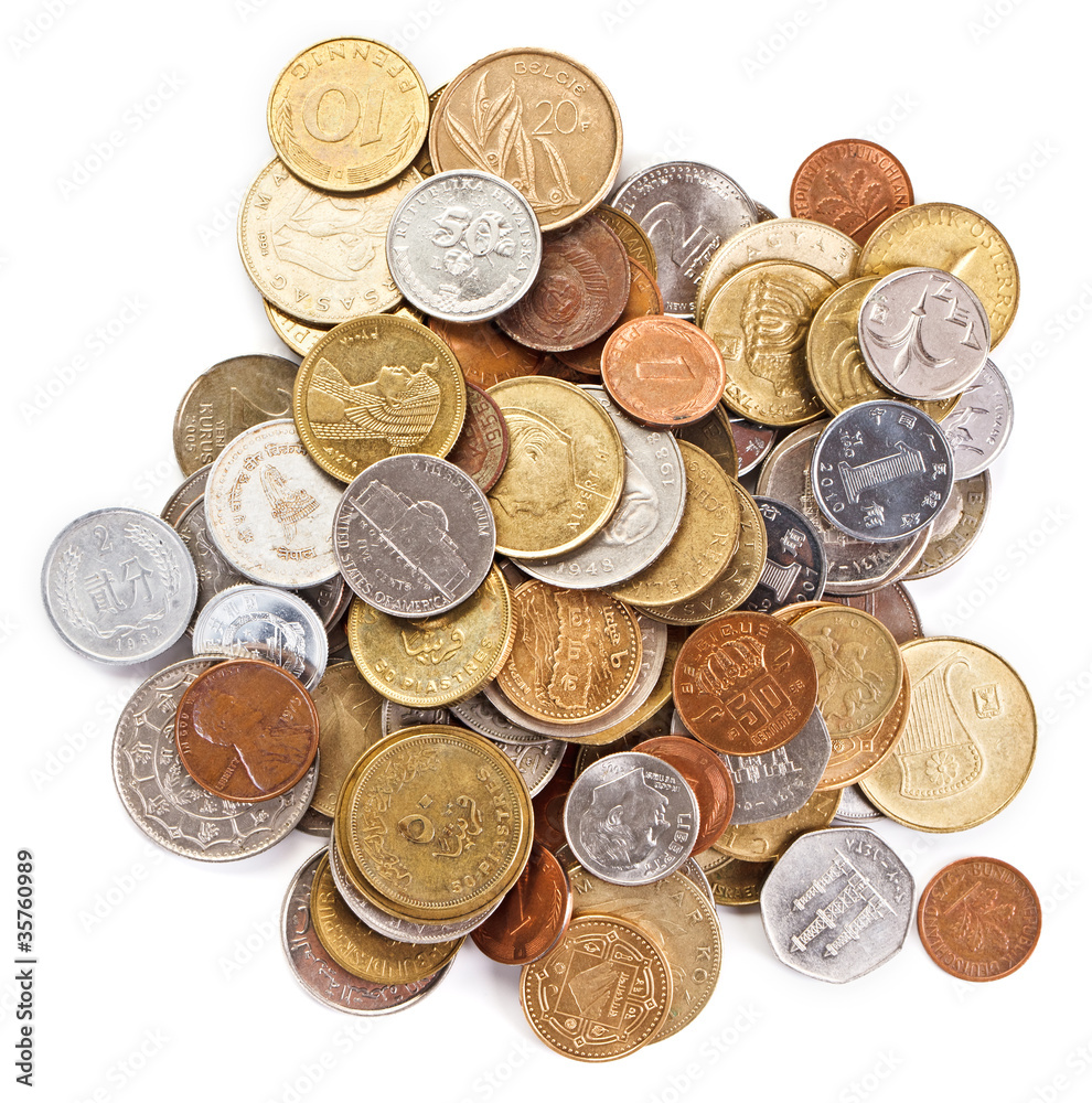 Many different coins collection on white background Many different coins collection on white background