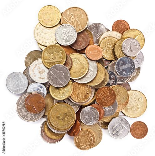 Many different coins collection on white background