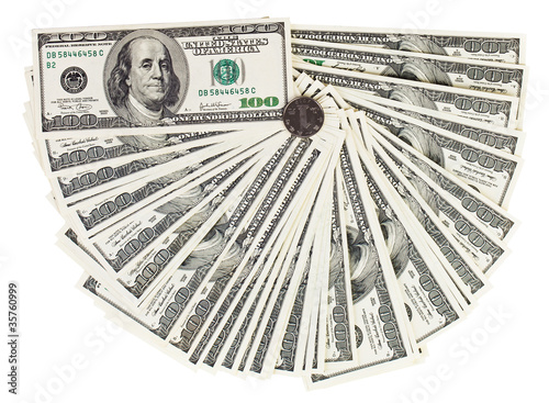 100 USA dollars bank notes fanned out on white with one chinese