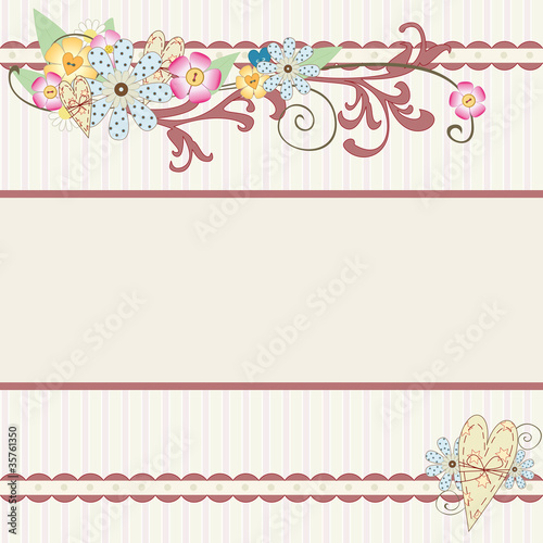 composizione di fiori, bottoni, cuori e stoffe