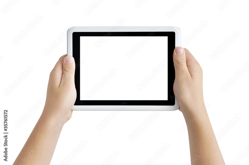 Two hands holding tablet PC, playing games, clipping path Two hands holding tablet PC, playing games, clipping path