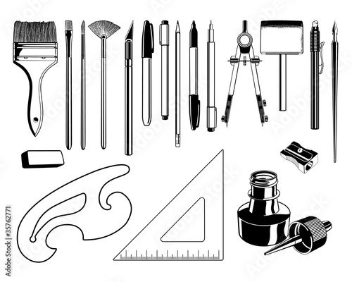 Art and Drawing Supplies Black and White Vector Graphic Illustration Set