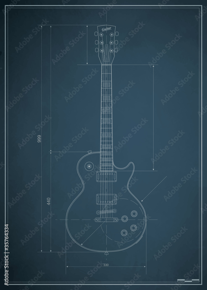 Obraz premium blueprint electric guitar with the dimensions on paper