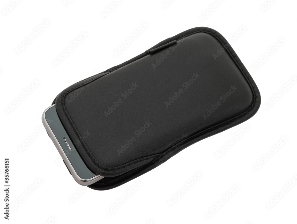 Smartphone in leather case isolated on white background Smartphone in leather case isolated on white background
