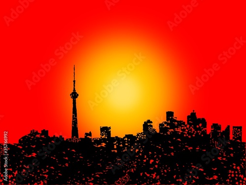 Grunge Toronto skyline with abstract sunset illustration