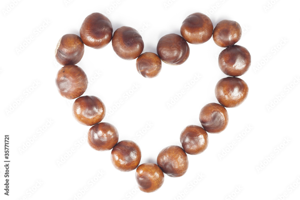 Autumn natural chestnut heart-shaped frame on white background Autumn natural chestnut heart-shaped frame on white background
